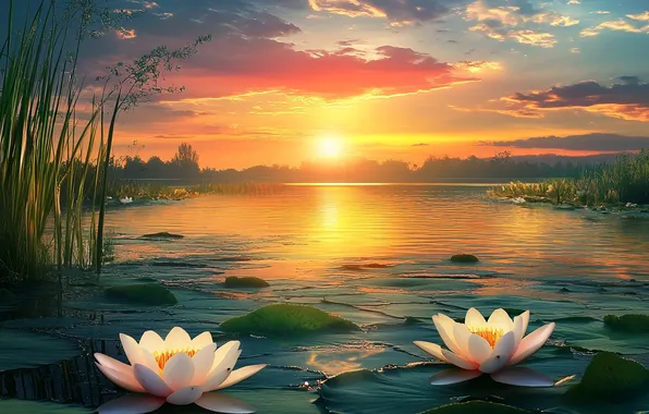 The sky, leaves, the sun, clouds, flowers, lake, dawn, shore