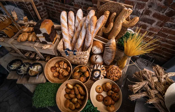 Greens, bread, bricks, a lot, different, cakes, buns, pasta