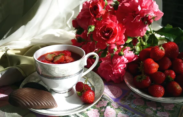 Picture summer, berries, roses, cookies, strawberry, Cup, still life, compote