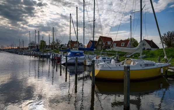 The sky, clouds, shore, boat, home, yacht, Bay, Netherlands
