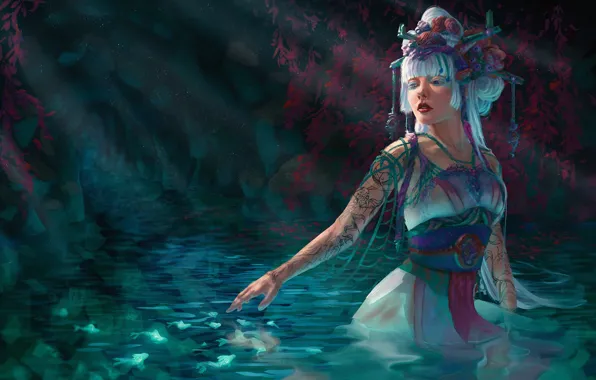 Girl, fish, lake, nymph