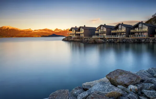 Landscape, mountains, the city, stones, home, morning, Norway, the fjord