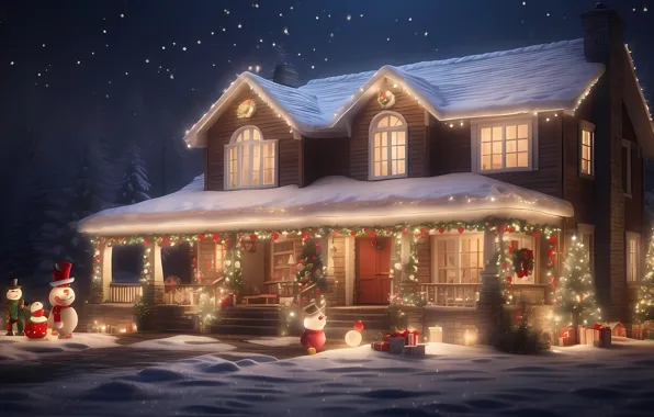 House, Christmas, New year, snowmen, house, cottage, mansion, AI art