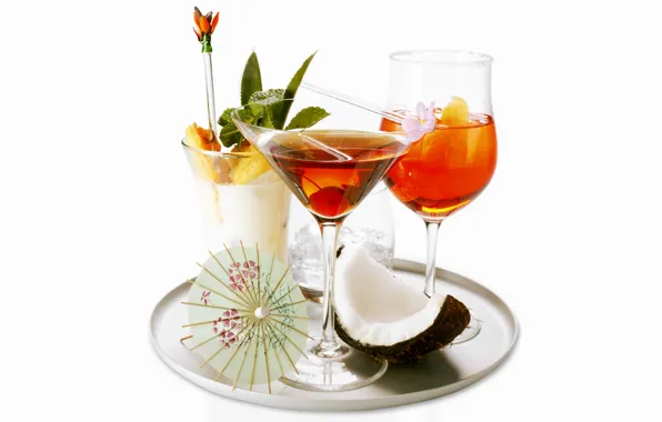 Picture glass, coconut, glasses, cocktails, tray, skewer