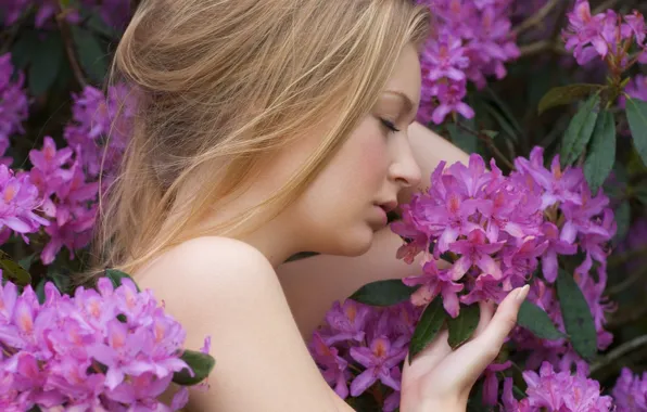 Girl, flowers, beautiful, pretty, nude, purple, naked, peaceful