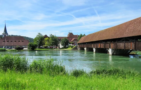 Picture greens, the sky, grass, the sun, trees, bridge, river, home