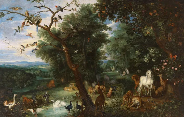 Picture, mythology, Jan Brueghel the elder, Adam and eve in the Garden of Eden