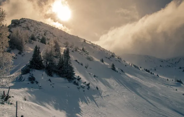 The sun, The sky, Clouds, Winter, Snow, Mountain, Rays, Clouds