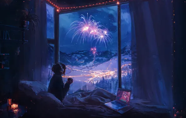 Picture laptop, fireworks, in the room, the view from the window, winter evening, girl in headphones, …