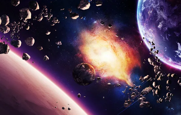 Stars, nebula, planet, ships, asteroids