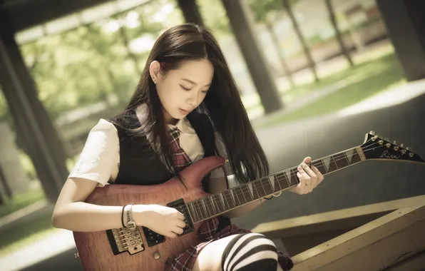 Girl, music, guitar, Asian