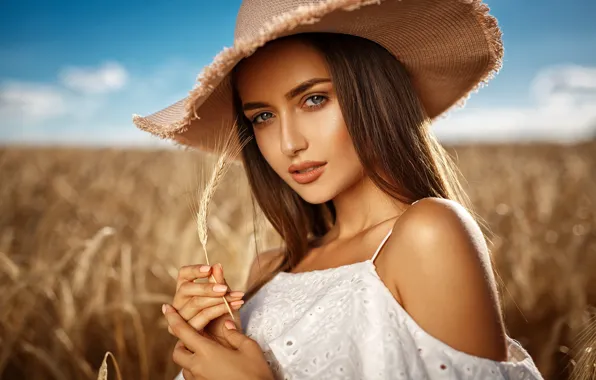 Field, look, girl, nature, hat, makeup