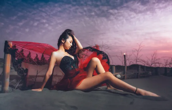 Picture sand, girl, the evening, dress, fabric