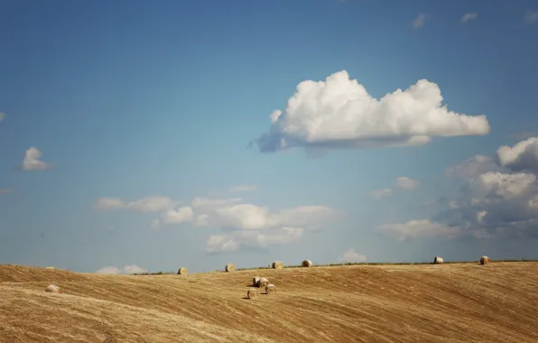 Clouds, sunny, hay, bales, harvest, farmland, countryside scene, farm countryside