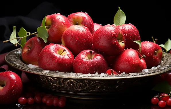 Leaves, drops, the dark background, apples, harvest, red, fruit, a lot