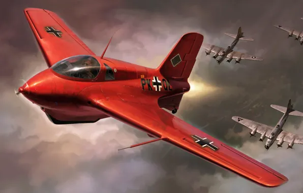 Aircraft, art, airplane, painting, WW2, WAR, Messerschmitt Me 163 Komet, AVIATION