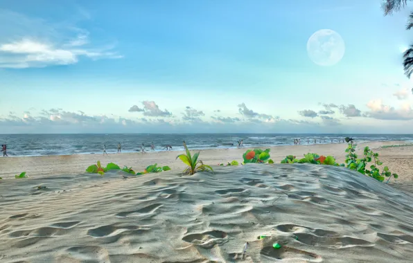 Sand, sea, beach, the sky, clouds, the moon, people