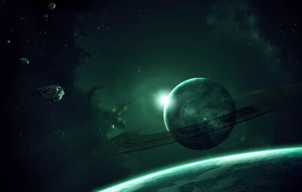 Stars, planet, asteroids, ring, gas giant