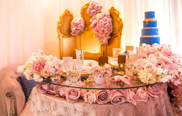 Flowers, table, holiday, roses, cake, wedding, decor, serving