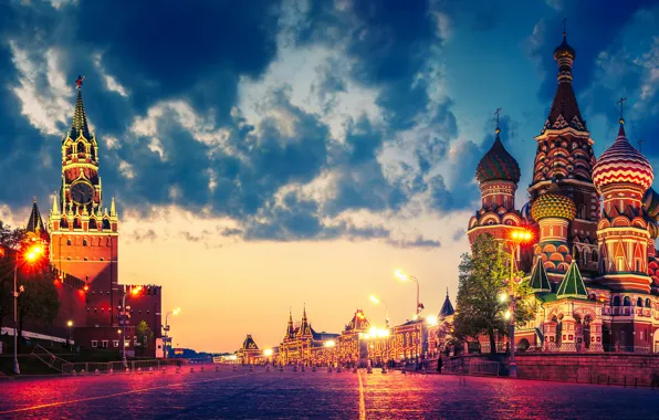 Clouds, lights, Moscow, The Kremlin, St. Basil's Cathedral, Russia, Red square, twilight