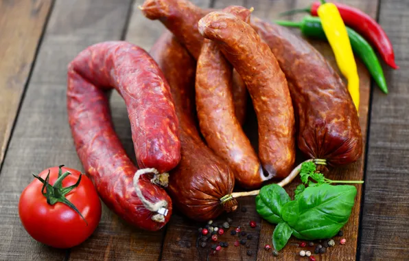 Greens, pepper, tomato, sausage, spices, pepper, vegetables, spice