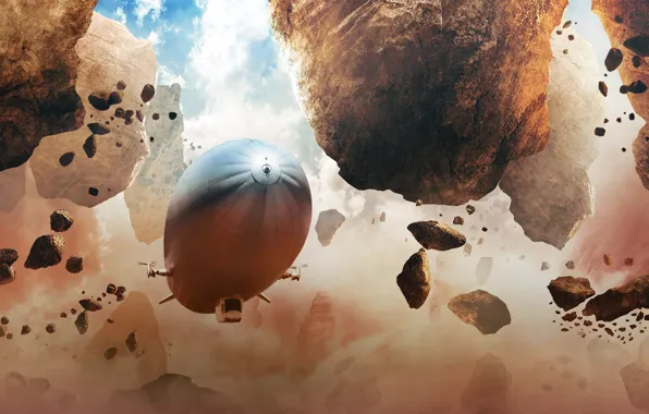 The sky, clouds, stones, the airship, flight, around globe