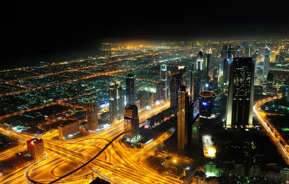 Night, the city, lights, building, road, home, skyscrapers, panorama