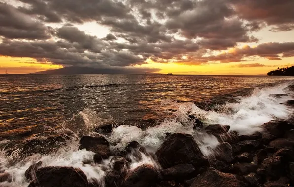 Sea, the sky, sunset, stones