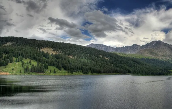 Picture forest, the sky, mountains, purity, pond, cloud