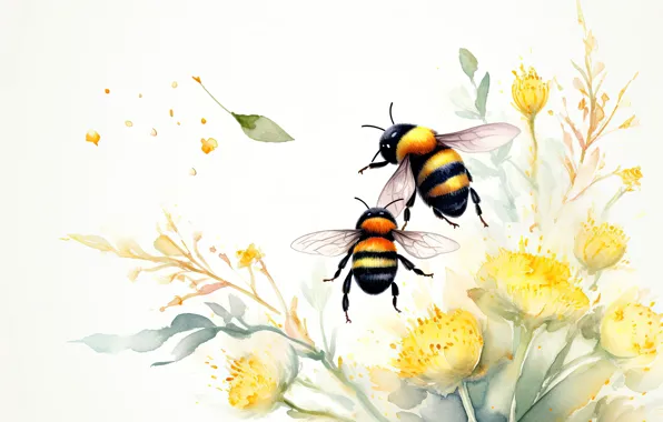 Summer, leaves, flight, flowers, insects, bee, bumblebees, yellow