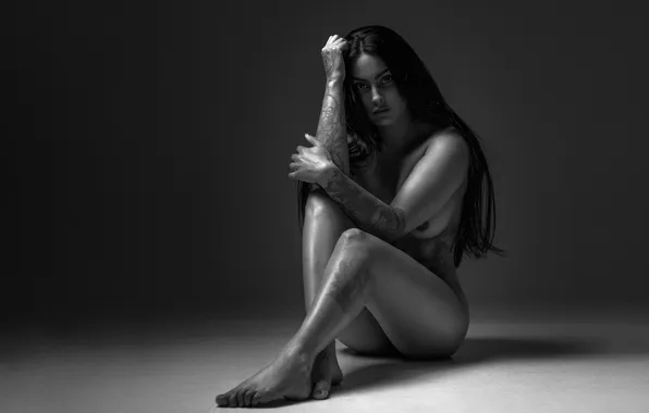 Pose, naked, black and white, brunette, sitting, monochrome, naked