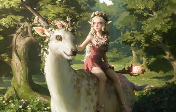 Picture deer, girl, horns, fairy forest, top, a magical artifact, elf girl, a wreath of roses