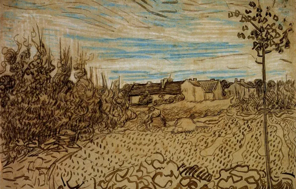 Picture Vincent van Gogh, Working in the Foreground, Cottages with a Woman