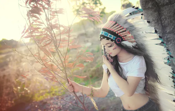 Summer, girl, nature, face, style, feathers, coloring, headdress