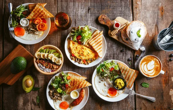Mushrooms, egg, coffee, bread, banana, tomatoes, sauce, salad