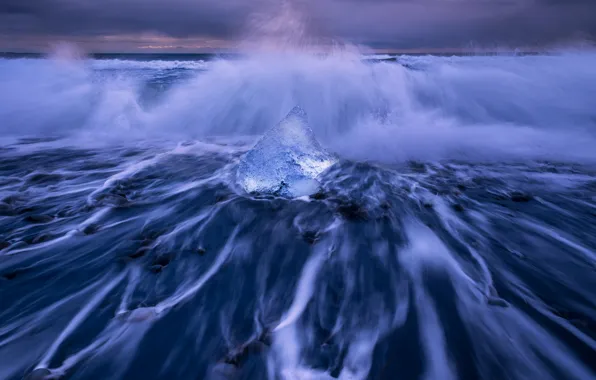Picture ice, winter, sea, wave, squirt, stones, shore, ice