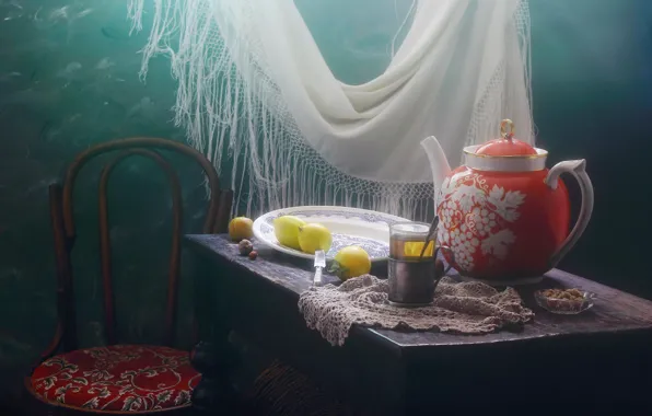 Light, glass, table, tea, kettle, plate, chair, fabric