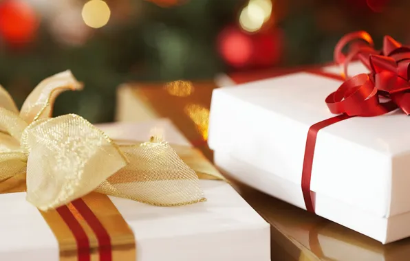Holiday, new year, gifts, white, bows, ribbons, box