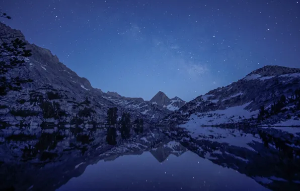 Picture the sky, stars, snow, trees, mountains, night, nature, lake