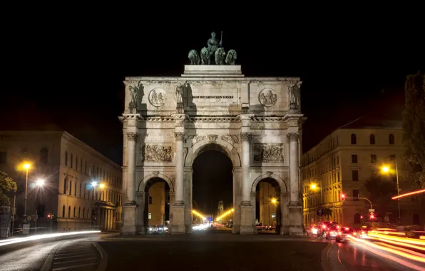 Picture road, machine, night, building, lights, Night, Victory gate, Munich