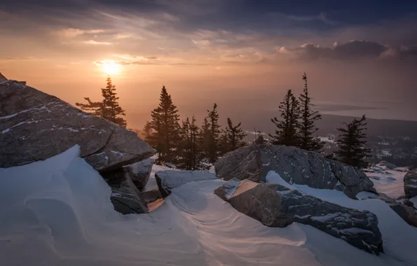 Picture winter, snow, trees, landscape, mountains, nature, fog, stones