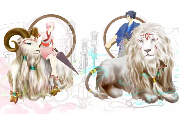 Leo, Sakura, Sasuke, naruto, the signs of the zodiac, art, Aries, humoster