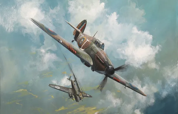 Clouds, The plane, Flight, Picture, Britain, Art, Hawker Hurricane, English artist