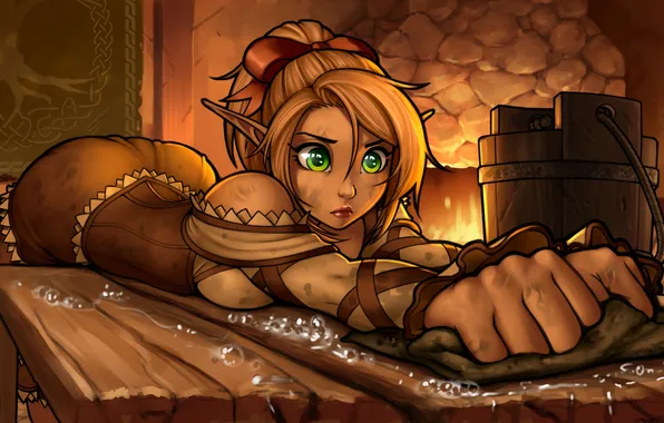 Eyes, foam, girl, elf, anime, soap, dress, art