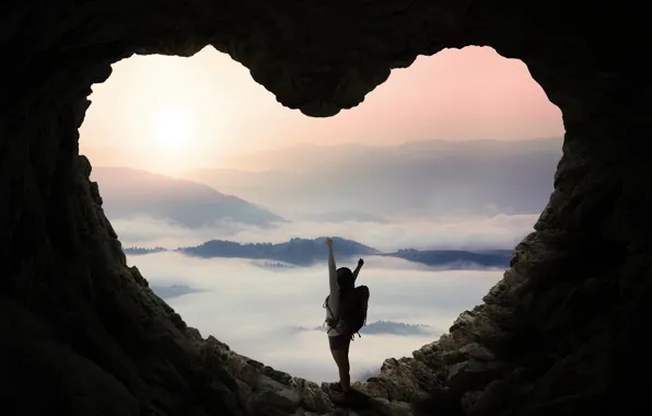 Forest, girl, trees, landscape, mountains, pose, fog, stones