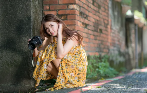 Summer, girl, face, hair, dress, legs, camera