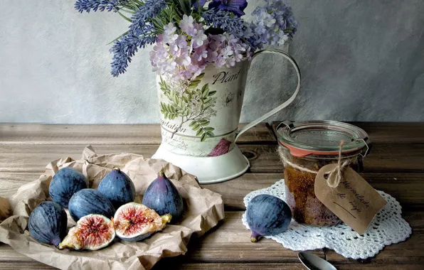 Picture flowers, food, pitcher, still life, jam, figs