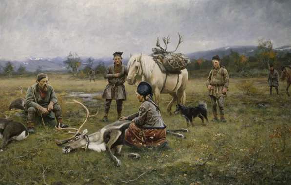 Johan Tieran, 1891, Swedish artist, Swedish painter, Shooting deer, The Laplander Camp at Gleen, Johan …