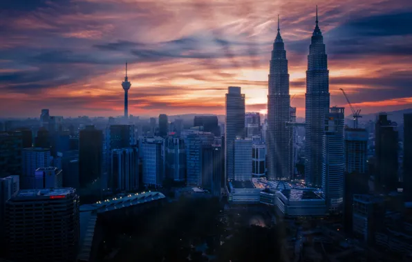 City, sky, sunset, skyscraper, clouds, Kuala Lumpur, architecture, building