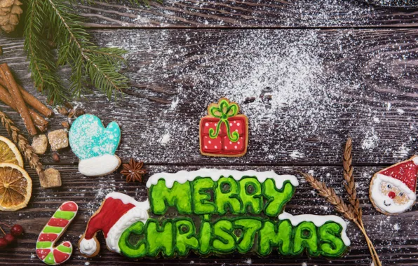 Snow, New Year, cookies, Christmas, wood, Merry Christmas, cookies, decoration